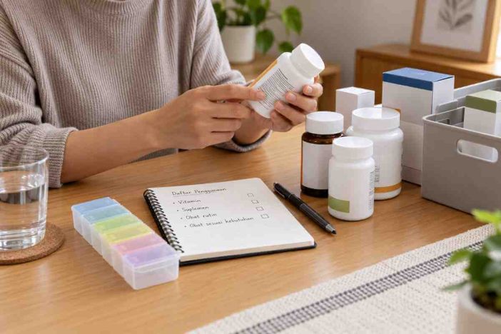 Memeriksa label obat dan suplemen serta mencatat penggunaannya untuk konsultasi dengan apoteker